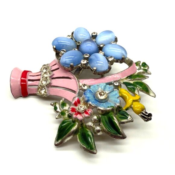 Vintage 1940's CORO Blue Glass Cabochons Enamel Rhinestone Flower Basket Brooch - Picture 4 of 10